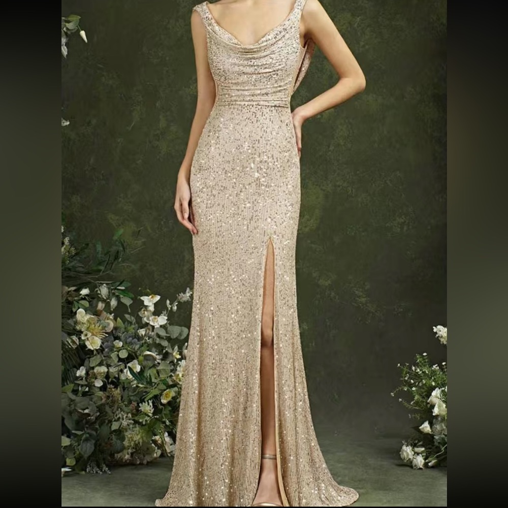 Luxurious slit thigh draped back party formal prom sequins gown dress - Picture 5 of 7